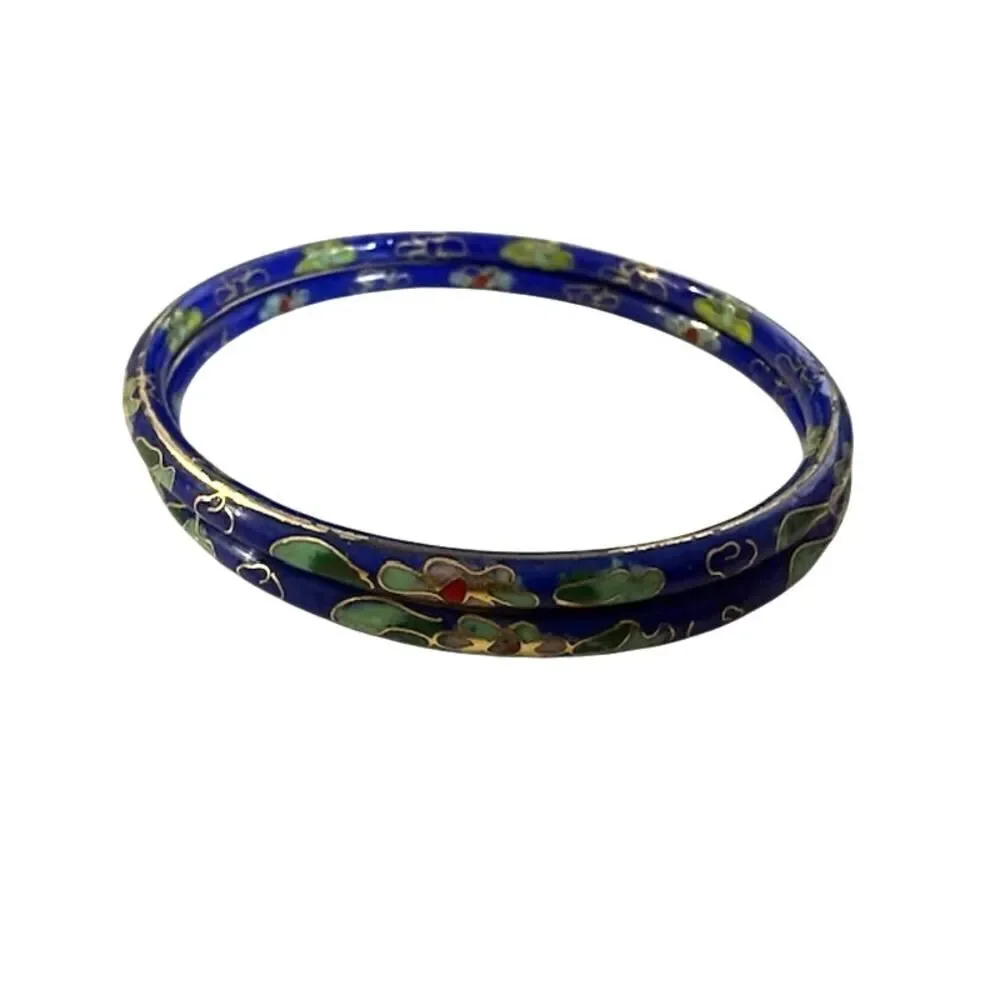 2 Cloisonné Bracelets Blue w/ Flowers 2.75